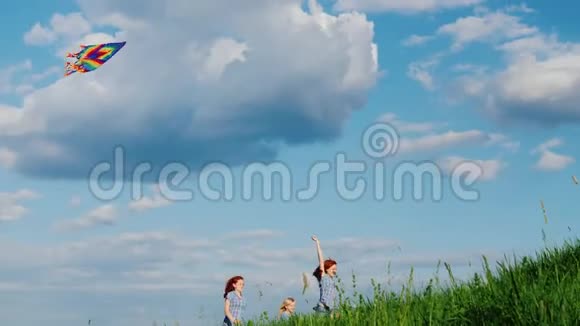 无忧无虑的孩子带着风筝沿着青山奔跑视频的预览图