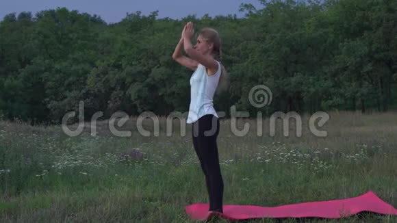 美丽的女人在森林的草地上练习瑜伽视频的预览图