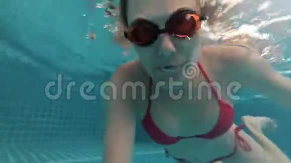 快乐开朗的年轻女子在红色游泳套房的游泳池水下景观操作摄像机视频的预览图