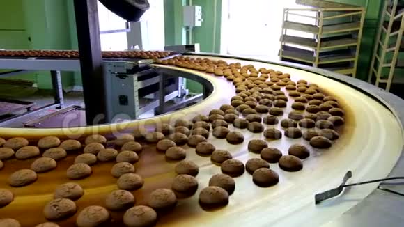 烘焙生产线饼干在传送带上移动视频的预览图