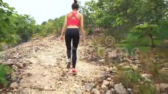 女人徒步旅行在大自然中在山景中独自行走的小女孩视频的预览图
