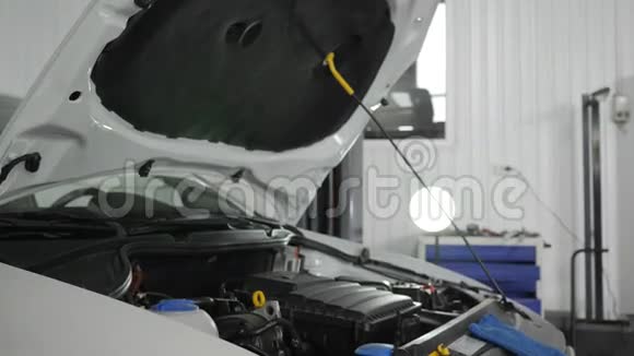 汽车换油手中的油尺汽车修理工机械检查油位诊断系统机器汽车视频的预览图