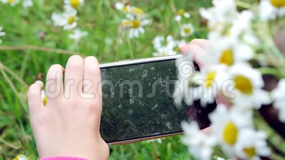 特写镜头一个女孩拿着手机拿着手机给他们拍照给一个小草坪拍照视频的预览图