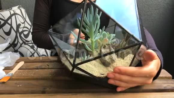 这位女花匠用多汁的东西把玻璃花馆变成了特写镜头正面视图视频的预览图