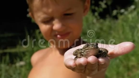 小男孩手里拿着一只青蛙在河边的海滩上视频的预览图