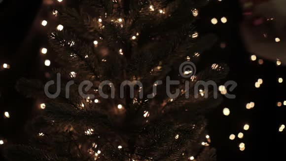 女性在圣诞树上装饰仙女花环背景是bokeh灯视频的预览图