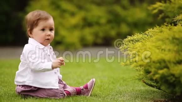 一个快乐的女婴正坐在城市公园灌木丛附近的绿草上视频的预览图