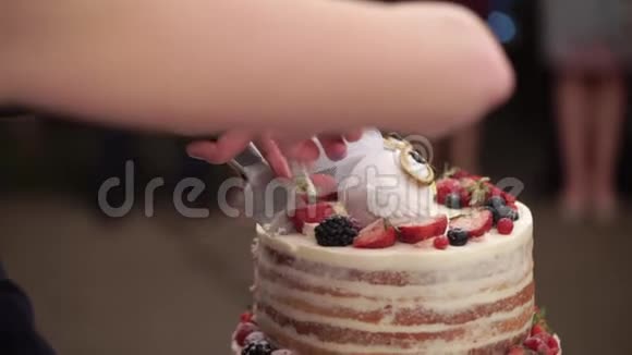 婚礼庆祝蛋糕的乡村风格与猫头鹰数字在顶部视频的预览图