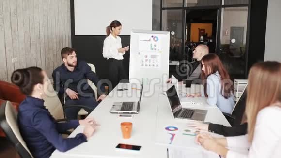 站在白板旁边的女人微笑着而她的同事们坐在桌子旁视频的预览图