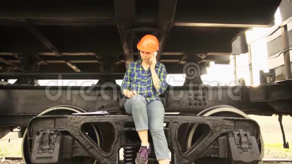 一名女铁路工人坐在一辆货车的运行齿轮的框架上视频的预览图