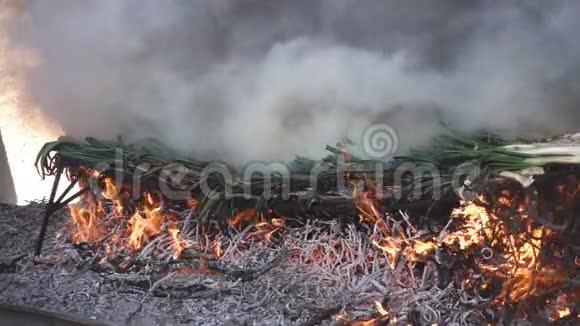 用烟雾慢动作在火中准备传统的加泰罗尼亚冰点视频的预览图
