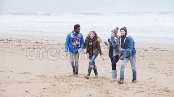 情侣们沿着冬季海滩散步视频的预览图