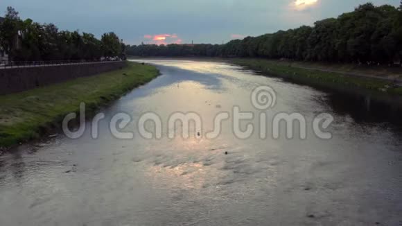 美丽的河溪景观日落河上的溪水视频的预览图