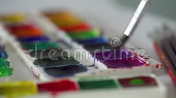画笔从调色板中提取不同颜色的水彩颜料并将其混合视频的预览图