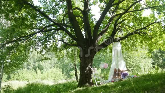 一家人在公园野餐爸爸妈妈和女儿在大树下视频的预览图