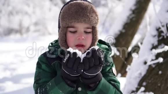 美丽的欢乐学龄前男孩与雪玩乐冬季仙境视频的预览图