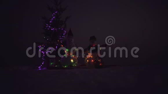 圣诞快乐新年快乐两个快乐的雪人站在冬季圣诞节的风景视频的预览图