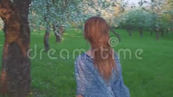 诱惑着走在苹果园里的年轻女子春暖花开一个美丽女孩的肖像视频的预览图