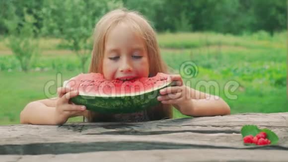 小女孩吃西瓜儿童吃西瓜片的肖像视频的预览图