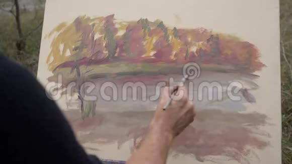 一位年轻而有创造力的艺术家在露天画布上画一幅画一个人在画布上画一支画笔这是一幅画视频的预览图