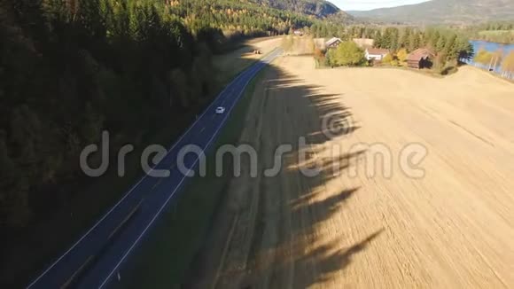 白车在挪威森林和田野中的乡间小路上行驶视频的预览图