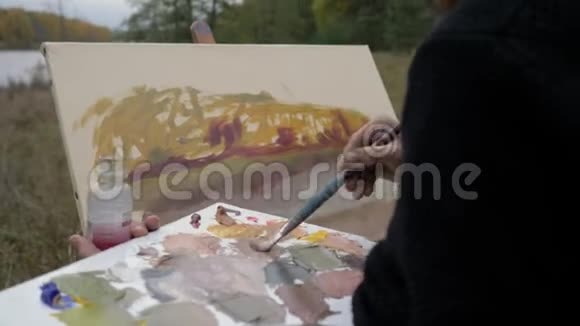 一位年轻而有创造力的艺术家在露天画布上画一幅画一个人在画布上画一支画笔这是一幅画视频的预览图