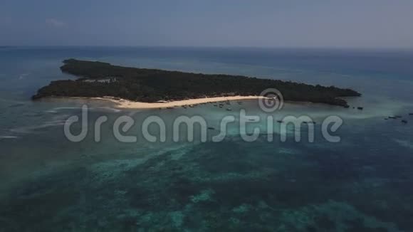 空中潘加维尼岛覆盖热带雨林石岸带环绕树林自上而下的鸟瞰图视频的预览图