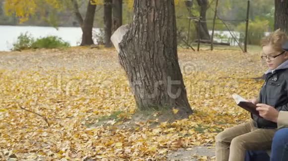 白发苍苍的老人和小男孩在秋天的公园里读这本书视频的预览图