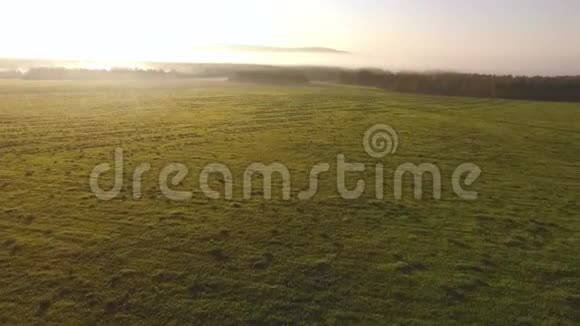 俯视青山和蓝天上面有低云录像早晨的太阳和绿油油的田野视频的预览图