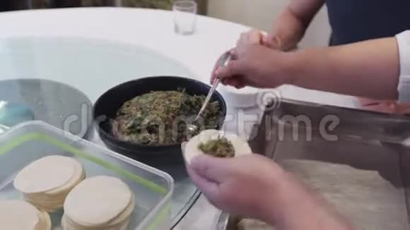 用菠菜手工制作中国饺子的过程视频的预览图