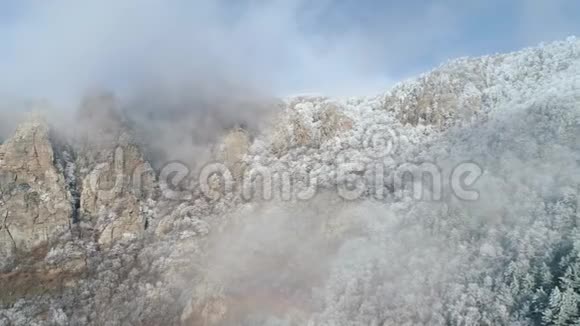冬天的风景雪山悬崖覆盖着冰冻的针叶树和灰色的云层与蓝色视频的预览图