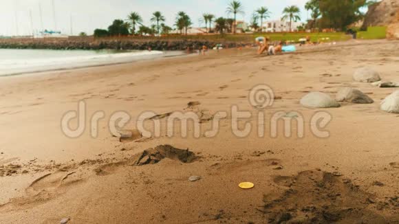 比特币的小硬币躺在沙滩上背景是海滩上模糊的人视频的预览图