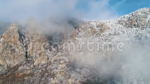 冬天的风景雪山悬崖覆盖着冰冻的针叶树和灰色的云层与蓝色视频的预览图