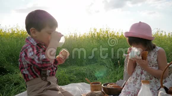 孩子们吃牛奶和面包享受食物在背光下慢动作在背景花上野餐朋友喝牛奶快乐视频的预览图