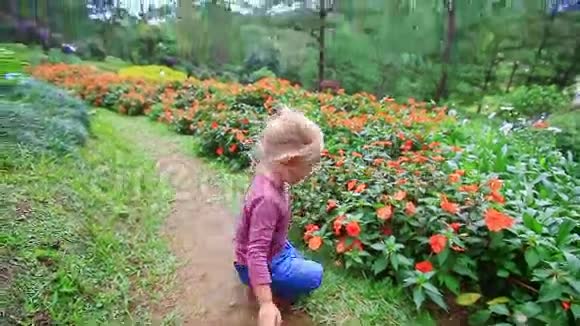 小女孩蹲在公园的地面小路上闻到花香视频的预览图