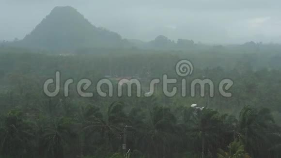 热带雨林中的雨在山上的景色视频的预览图