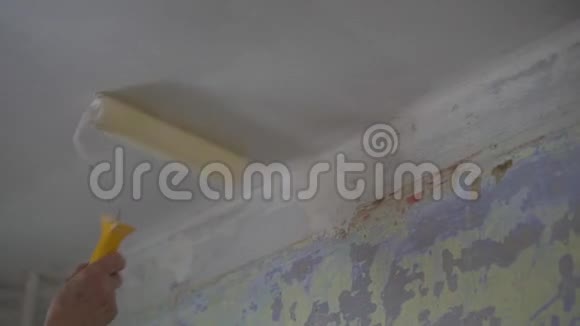 一个女人用滚筒把米色的墙涂上白色的油漆视频的预览图