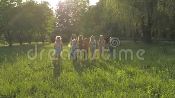 阳光明媚的夏日许多不同的孩子穿着便服在公园里跑步视频的预览图
