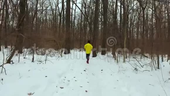 在寒冷的冬日森林里慢跑的人的追踪镜头视频的预览图