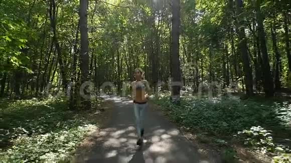 年轻的健身女子在森林小径上奔跑视频的预览图