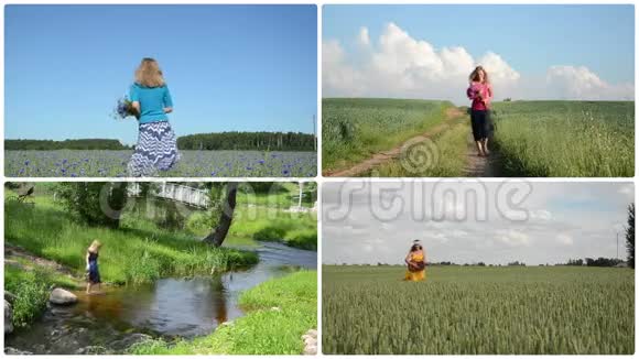 漂亮的女孩在大自然中享受夏日休闲剪辑收集视频的预览图