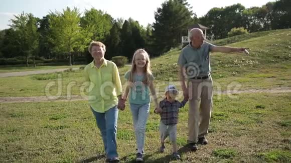 祖父母和孙子在公园里散步视频的预览图