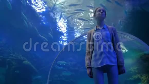 在海洋馆大型公共鱼缸里看鱼涡的女人视频的预览图