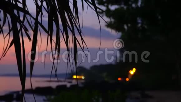 PhuQuocc岛热带岛屿的紫罗兰色衰退在岛的岸边着火视频的预览图