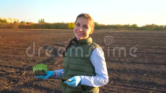 女农民站着手里拿着一个幼苗样本准备把它种在土壤里视频的预览图