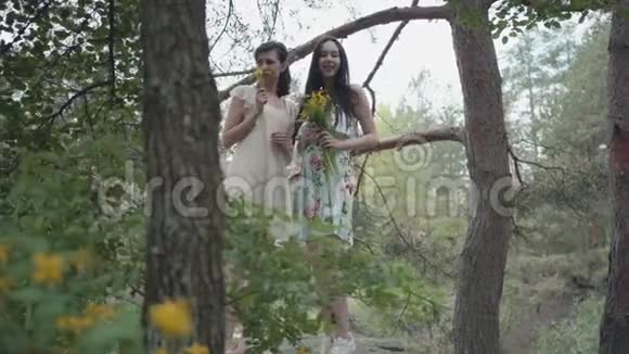 两个穿着短裙的美女站在岩石上开着野花看着森林视频的预览图
