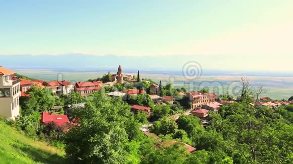 从西格纳吉的高度俯瞰阿拉扎尼山谷和堡垒墙的全景格鲁吉亚卡赫蒂地区视频的预览图
