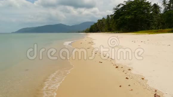 白色的沙质海岸和平静的蓝海田园诗般的热带天堂异国情调的岛屿景观绿色的树木安静的视频的预览图