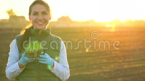 女农民站着手里拿着一个幼苗样本准备把它种在土壤里视频的预览图