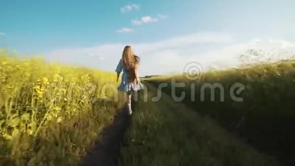 一个留着长发的女孩在阳光明媚的暑假沿着马路跑视频的预览图